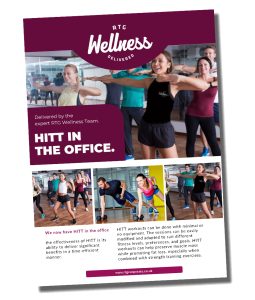 RTG Wellness promotional poster advertising HIIT workouts in the office, featuring employees exercising in a fitness studio with information about benefits and session flexibility.