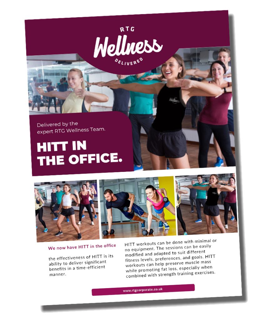 RTG Wellness promotional poster advertising HIIT workouts in the office, featuring employees exercising in a fitness studio with information about benefits and session flexibility.