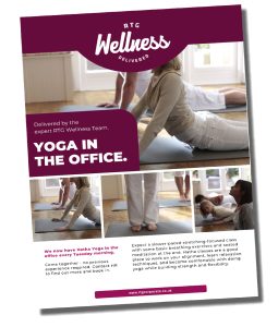 RTG Wellness promotional poster advertising Hatha yoga in the office, featuring employees practicing yoga poses on mats with class details and benefits.