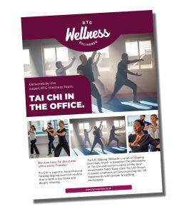 RTG Wellness promotional poster for Tai Chi in the office, showing employees practicing Tai Chi and Qigong exercises as part of a workplace wellness program.