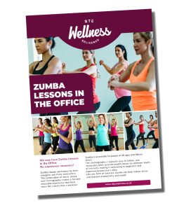 RTG Wellness promotional poster advertising Zumba lessons in the office, featuring groups of employees dancing in a fitness studio and text highlighting accessibility and benefits.