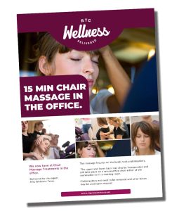 RTG Wellness promotional poster advertising onsite chair massage for corporate wellness, featuring service details and workplace imagery.