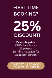 RTG Wellness promotional banner offering 25% discount for first-time bookings — example price £180 for 4 hours, 22 people, 10-minute massages at £8.18 per person.