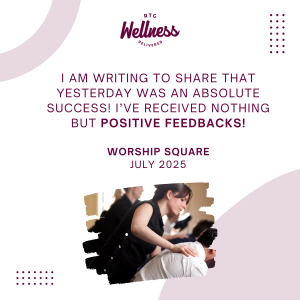 Corporate wellness event at Worship Square with RTG Wellness team giving on-site chair massages — client feedback highlighted as positive.